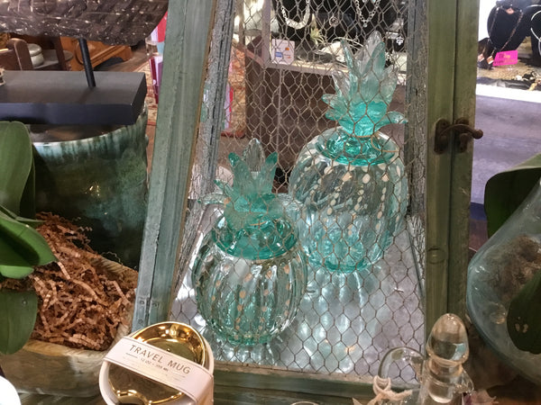Hand blown lidded glass pineapple canister