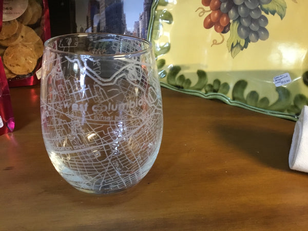 West Columbia etched stemless wine glass